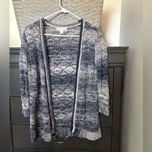 Coldwater Creek open weave knit striped shawl cardigan blue tan MEDIUM 10-12
